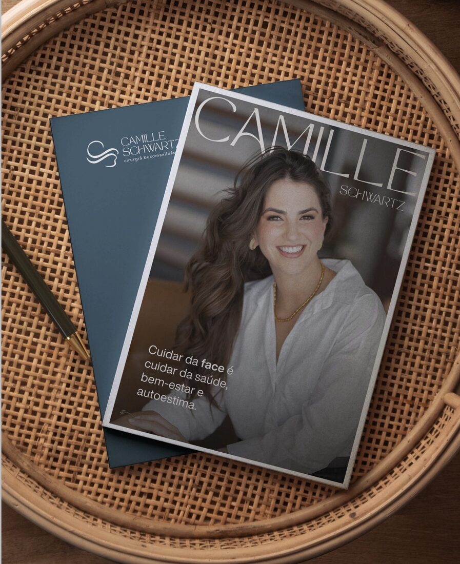 Material editorial da marca Camille Schwartz, cirurgiã bucomaxilofacial