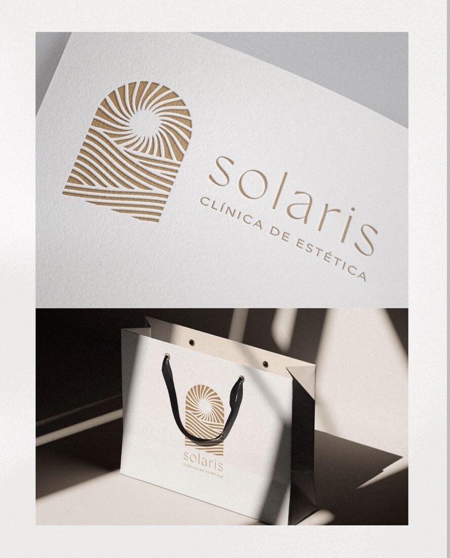 Identidade visual Solaris, símbolo solar dourado em papelaria e sacola
